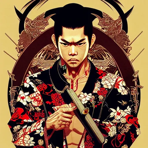 Image similar to a Yakuza warrior illustration, medium shot, intricate, elegant, highly detailed, digital art, ffffound, art by JC Leyendecker and sachin teng