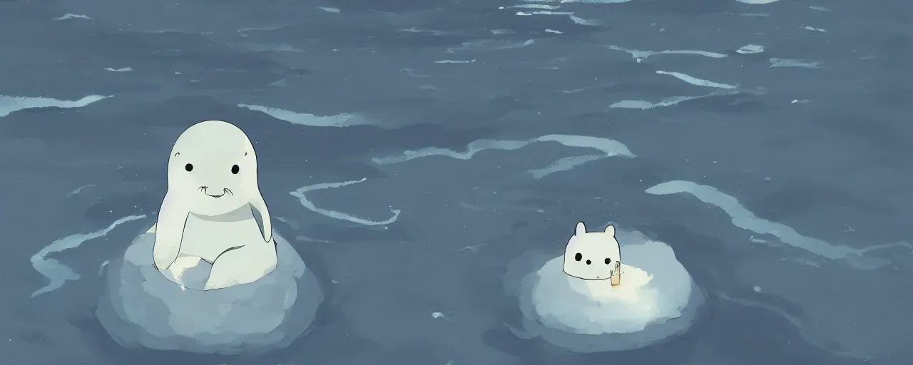 Image similar to a baby harp seal sinking into arctic ocean, atey ghailan, goro fujita, studio ghibli, rim light, scary lighting, clear focus, very coherent,