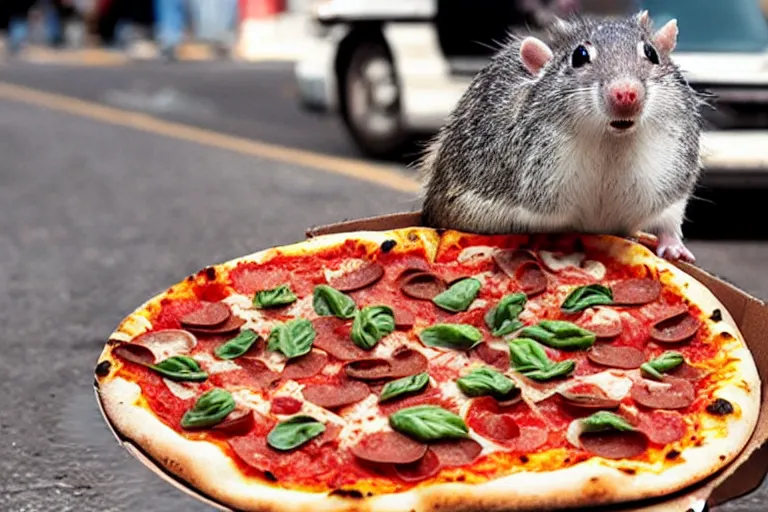 Prompt: emergence of the pizza rat, evolution, the new apex predator : unstoppable pizza rat : the reason god stays in heaven - he screams for pizza