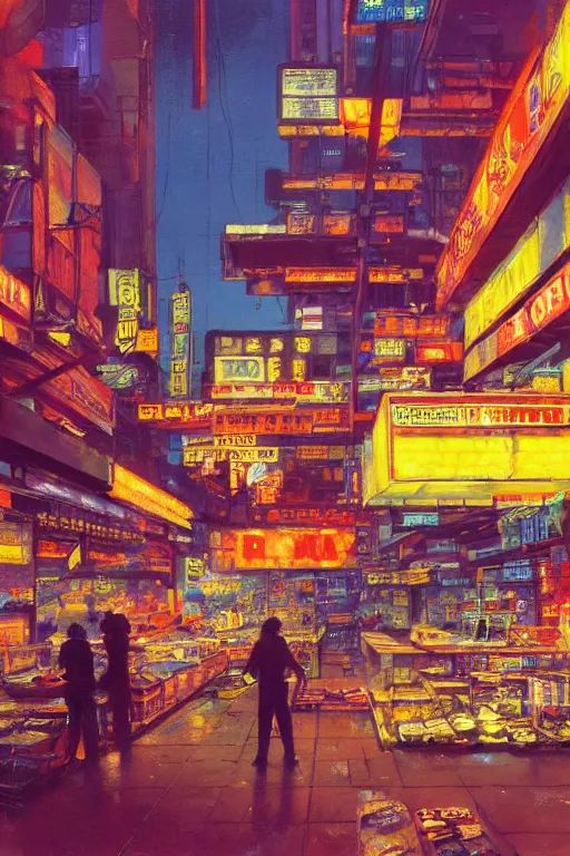 Image similar to a low angle shot of a food store at the base of a towering city, cyberpunk, neon lights, night, matte painting by John Berkey, 8k