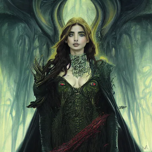 Image similar to half length portrait of ana de armas as a warlock using cthulhu magic, d & d, medieval, fantasy, royo, klimt, miro, vallejo, frazetta, alphonse mucha, greg rutkowski, whealan