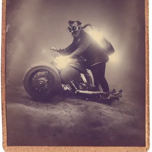 Image similar to underwater tintype photo of scuba driver riding a octopus