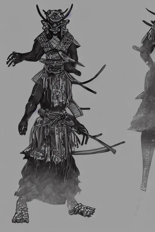 Image similar to samurai yokai cyberpunk kaiju shaman, character concept art