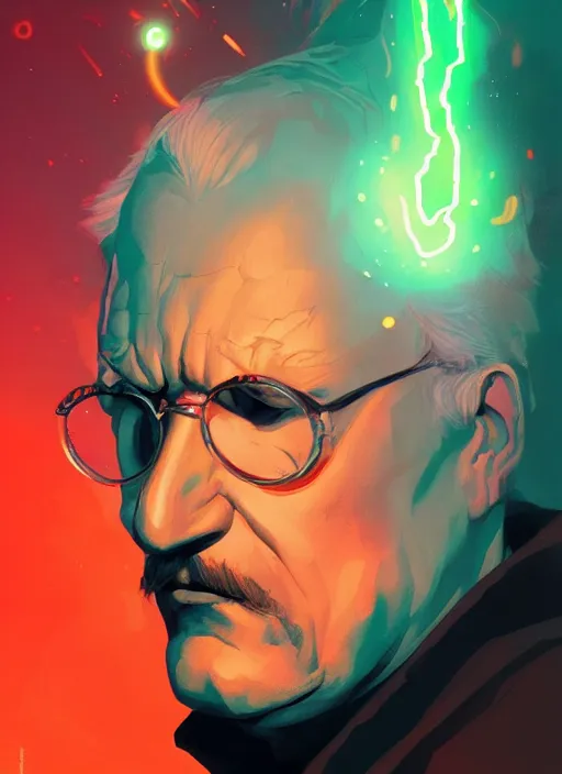 Prompt: portrait of carl gustav jung with laser eyes, epic lighting, in the style of artgerm and charlie bowater and atey ghailan and mike mignola, vibrant colors and hard shadows and strong rim light, comic cover art, plain background, trending on artstation