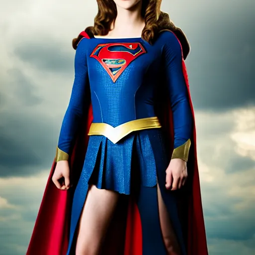 Image similar to Medieval Supergirl cosplay by Emma Watson, seductive gaze, 8k, professional photography, cinematic studio shot, dark, smoke