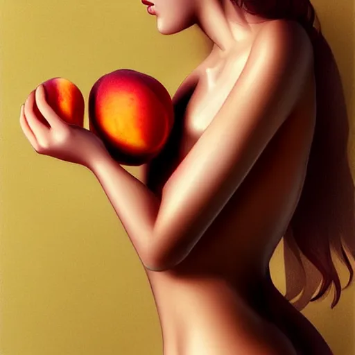 Image similar to Beautiful clothed woman holding a peach, seen from the rear, detailed digital art by WLOP and Artgerm