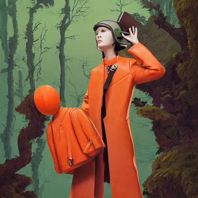 Prompt: portrait of alone androgynous girl wearing long orange vintage leather coat and wearing giant modular synthesizer 8 0 s sony stereo helmet and backpack. bakelite cliffs, moss green japanese forest background, ultrafine hyperdetailed illustration by hsiao - ron cheng and artgerm, the grand budapest hotel, glow, no crop, digital art, artstation, pop art