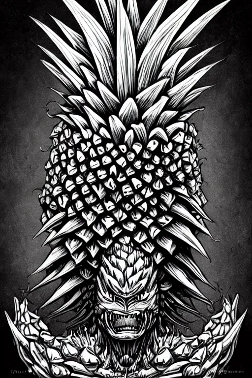 Image similar to screeching pineapple humanoid figure monster wearing themed armour, symmetrical, highly detailed, digital art, sharp focus, trending on art station, kentaro miura manga art style