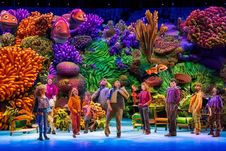 Prompt: photo of a huge theaterstage, theaterplay is finding nemo, 3 actors on stage, 8 k, multicolored, exaggerated detailed, long shot