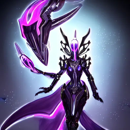 Image similar to highly detailed exquisite fanart, of a beautiful female warframe, but as an anthropomorphic robot dragon with glowing purple eyes, shiny silver sleek armor with fuchsia accents, engraved, elegant pose, close-up shot, full shot, epic cinematic shot, sharp claws for hands, long tail, professional digital art, high end digital art, singular, realistic, DeviantArt, artstation, Furaffinity, 8k HD render