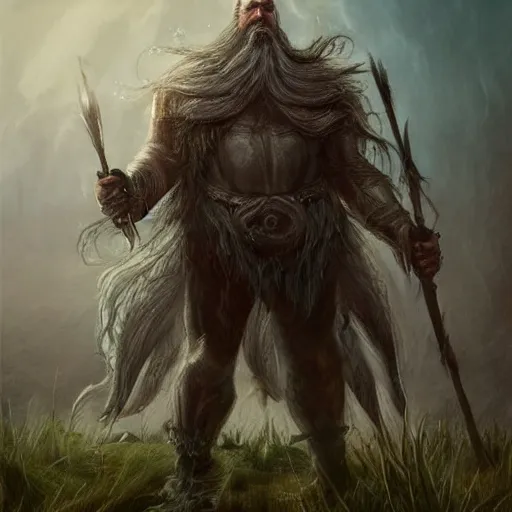 Prompt: a highly detailed portrait of a epic massive fantasy giant elden god with gray hair and beard standing in a field concept art
