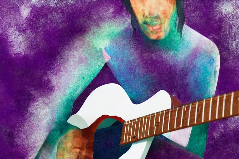 Prompt: dripping purple faded paint across the shape of a human playing guitar, realistic, extremely detailed, coming out of a white mystical background