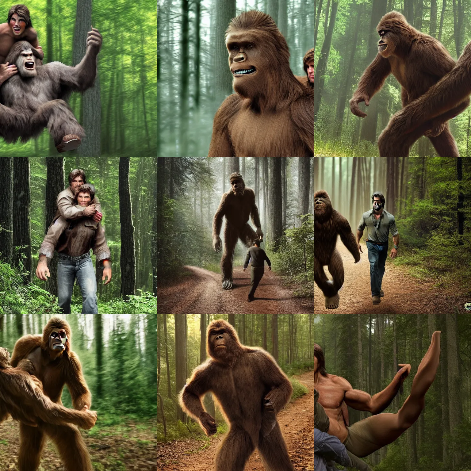 Prompt: Bigfoot carrying Tom Cruise through the woods, photorealistic, 4K HD
