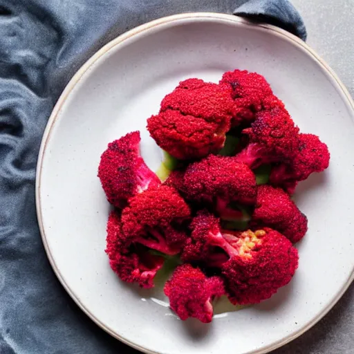 Prompt: red broccoli on a plate