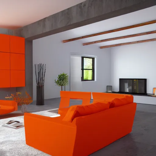 Image similar to interior of a house, modern minimal design, orange color scheme, vivid colors, photorealist, 4 k