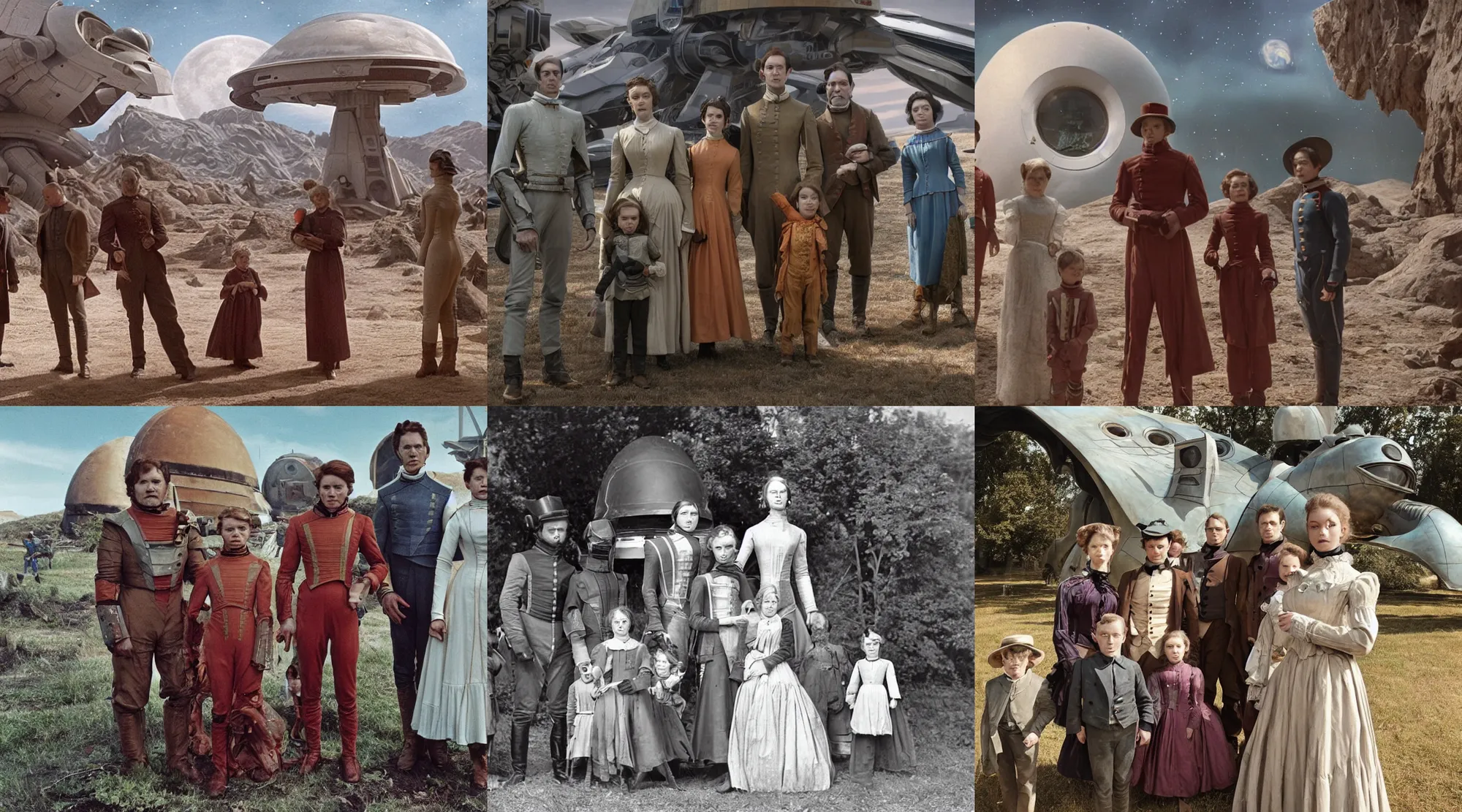 Prompt: sharp, detailed, 256k film still from a sci fi blockbuster color movie made in 2020, set in 1860, of a family standing in front of a spaceship that has just landed on an alien planet, a humanoid alien creature stands nearby, the family are all wearing 1860s era clothes, cinematic lighting, good photography, sharp focus