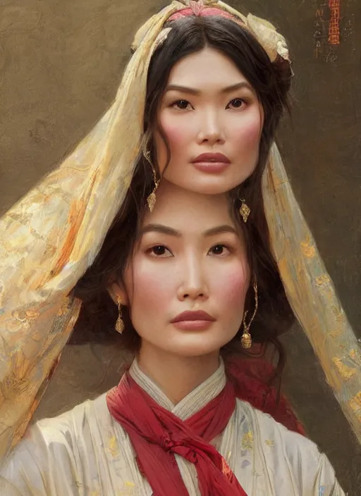 Image similar to detailed portrait of gemma chan wearing hanfu, natural light, painting by gaston bussiere, craig mullins, j. c. leyendecker