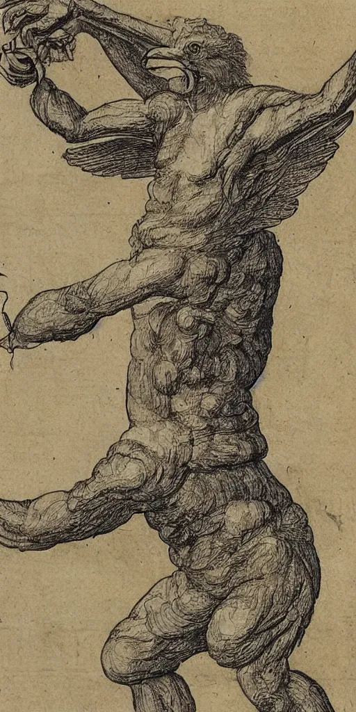 Image similar to human - eagle creature with one big beak, drawn by da vinci
