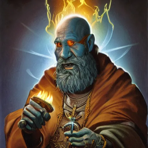 Prompt: blue-skinned ornate cleric holding a mace, casting a powerful spell, detailed background, dark environment, torches