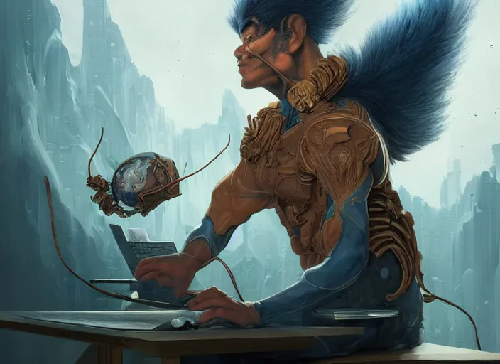 Image similar to an insanely detailed painting of an asian man wearing a homemade superhero costume, sitting at a desk, staring seriously at the computer and typing, in the style of peter mohrbacher, james jean, artgerm, dramatic lighting and composition, surreal background, octane render, pixar, trending on artstation, concept art, comic book, view from behind, 8 k