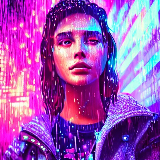 Prompt: splashes of neon, portrait made out of rain, trending on artstation, epic composition, emotional, beautiful, rendered in octane, unreal engine, highly detailed, realistic, galaxy background