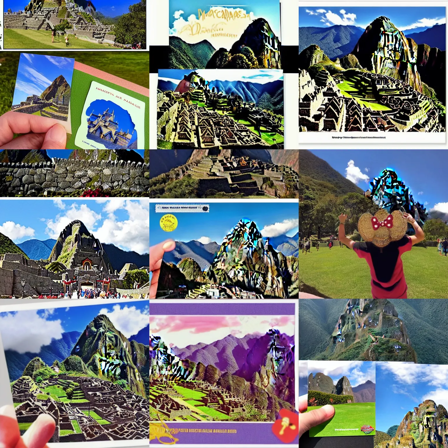 Prompt: a postcard from disneyland!!!! machu!!!! picchu!!!! with a fancy castle, mickey mouse ears, and high altitude mountain scenery, souvenir postcard slightly bent from going through the mail