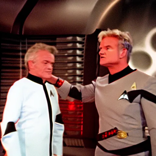 Image similar to gordon ramsey fighting chancellor gorwon from star trek, scene of a battle