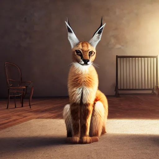 Image similar to wide-angle photo of cute caracal sitting on a wooden chair in a room, fire at background, octane render, 3d, 8k, hd, studio light