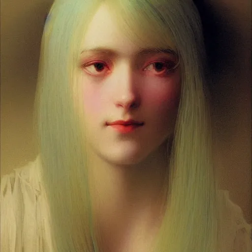 Image similar to a young woman's face, her hair is white and she wears a cobalt blue satin cloak, by ivan aivazovsky and syd mead and moebius and gaston bussiere and roger dean and pieter claesz and paul delaroche and alma tadema and aelbert cuyp and gabriel metsu, hyperrealistic, volumetric light, octane render