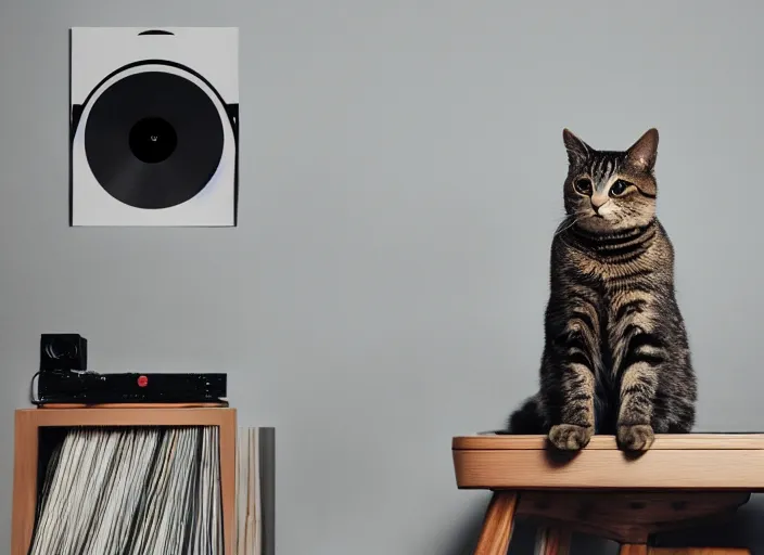 Image similar to photography of a Cat sitting on a record player. in a room full of posters, photorealistic, raining award winning photo, 100mm, sharp, high res