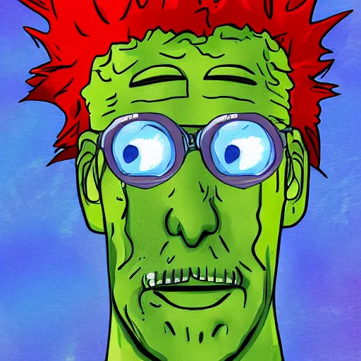 Image similar to drunk scientist called rick whit blue hair turning him self into a pickle during an experiment, digital art