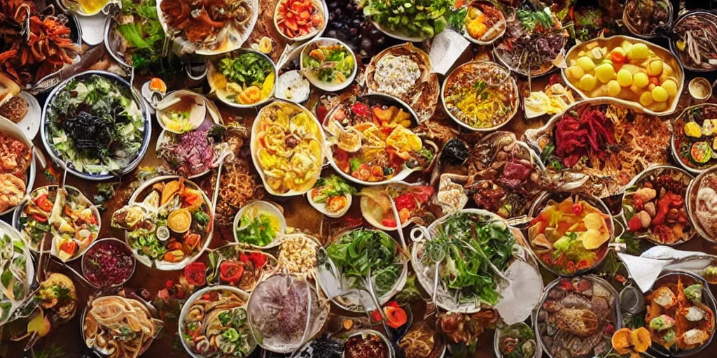 Prompt: a buffet with every food imaginable, realistic, detailed, intricate, food photography, delicious, colorful