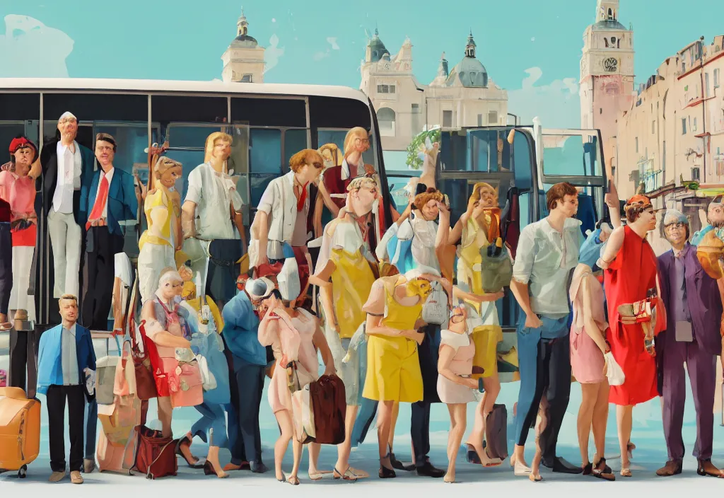 Image similar to full body portrait of a group, a row of a several european tourists getting off a tour bus, standing with a variety of poses and props, several character designs painting, sightseeing, in the style of wes anderson, lola dupre, david hockney, isolated on negative white space background dark monochrome neon spraypaint accents volumetric octane render