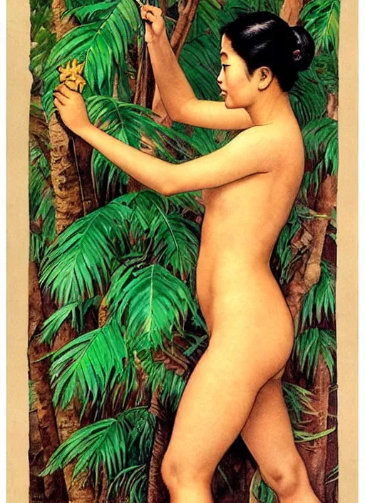 Prompt: a beautiful asian girl with a coconut tree tattoo on her stomach by Norman Rockwell