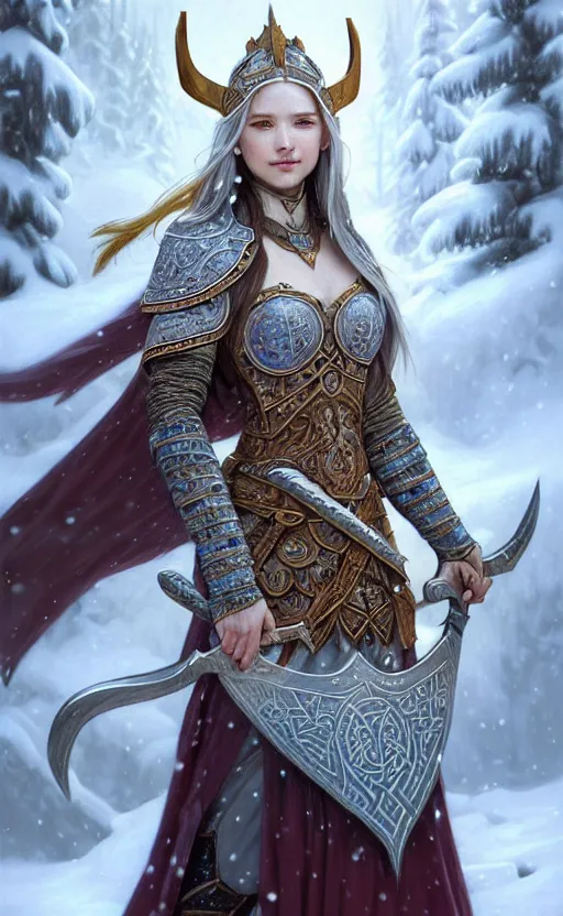 Image similar to opal viking warrior, regal, elegant, winter, snow, beautiful, stunning, hd, illustration, epic, d & d, fantasy, intricate, elegant, highly detailed, wide angle, digital painting, artstation, concept art, smooth, sharp focus, illustration, wallpaper, art by artgerm and greg rutkowski and alphonse mucha and jin xiaodi