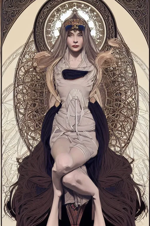 Image similar to high priestess, no noise, elegant, concept art, sharp focus, beautiful face!!, digital art, smooth defined outlines!!, human anatomy, human structure, vector background, by Brom, trending on Artstation, Alphonse Mucha, Tom Bagshaw, Sargent