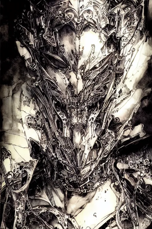 Prompt: vampire cyborg , pen and ink, intricate line drawings, by Yoshitaka Amano, Ruan Jia, Kentaro Miura, Artgerm, watercolor