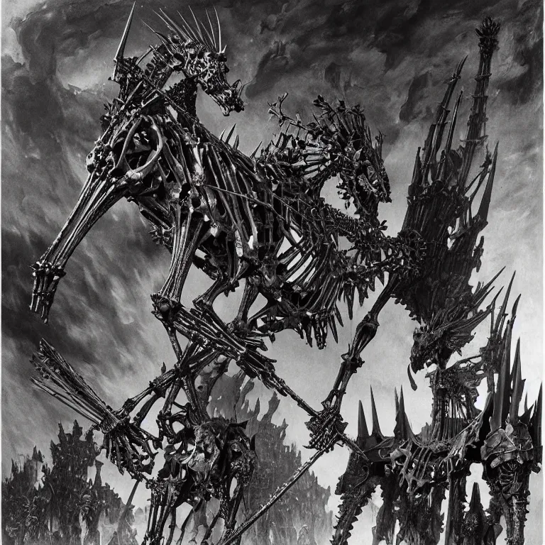 Prompt: A RGB spiked horse skeleton with armored joints stands in a large cavernous throne room with halberd in hand. Massive shoulderplates. Extremely high detail, realistic, fantasy art, solo, masterpiece, bones, ripped flesh, saturated colors, rainbow, vibrant art by Zdzisław Beksiński, Arthur Rackham, Dariusz Zawadzki, Harry Clarke