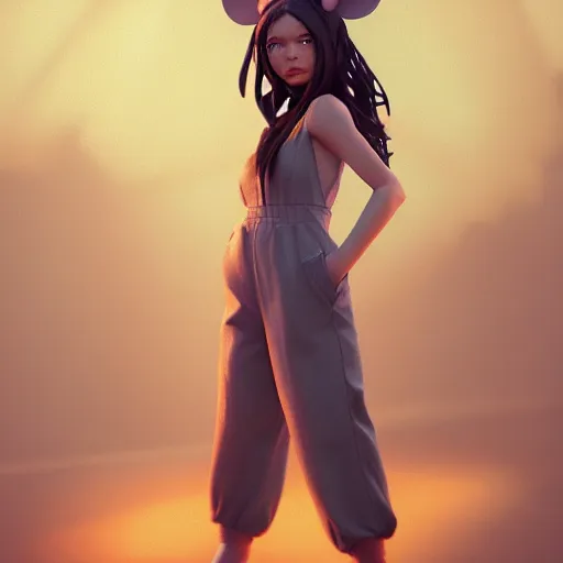 Image similar to beautiful girl wearing mouse ears and jumpsuit, sharp focus, octane render, volumetric lighting, 8k high definition, by greg rutkowski, highly detailed, trending on art Station