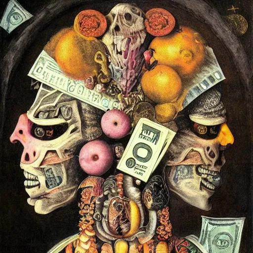 Image similar to post - punk new age album cover, asymmetrical design, dollar sign, money, magic, apocalypse, psychedelic, black white pink, magic, giger h. r., giuseppe arcimboldo