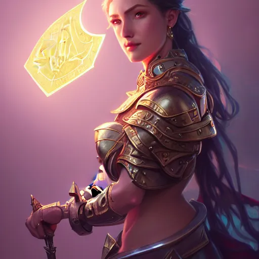 Image similar to paladin, female, chains, d & d, fantasy, intricate, elegant, highly detailed, digital painting, artstation, octane render, concept art, matte, sharp focus, illustration, hearthstone, art by artgerm and greg rutkowski and alphonse mucha