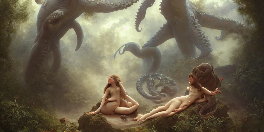 Image similar to Fantasy fairytale story, Great Leviathan Turtle, cephalopod, Cthulhu Squid Terrapin, Mysterious Island, center Universe, hybrid, Reptilian Cyborg, intense celestial fantasy atmospheric lighting, hyper realistic, William-Adolphe Bouguereau, François Boucher, Jessica Rossier, Michael Cheval, michael whelan, Cozy, hot springs hidden Cave, Forest, candlelight, natural light, lush plants and flowers, Spectacular Mountains, bright clouds, luminous stellar sky, outer worlds, Golden dapple lighting, Solar Flare Unreal Engine, HD,