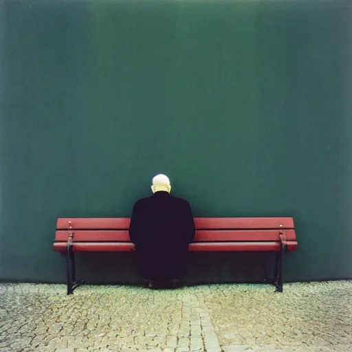 Prompt: Lonely man sitting on bench photographed by Andrej Tarkovsky, kodak 5247 stock, color photograph