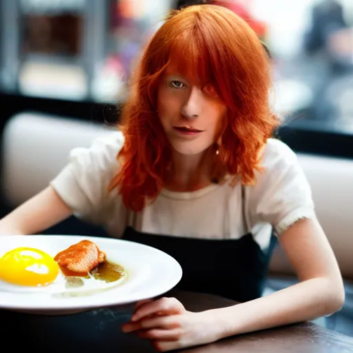 Image similar to young red headed woman sitting in a restaurant, poached egg on her head