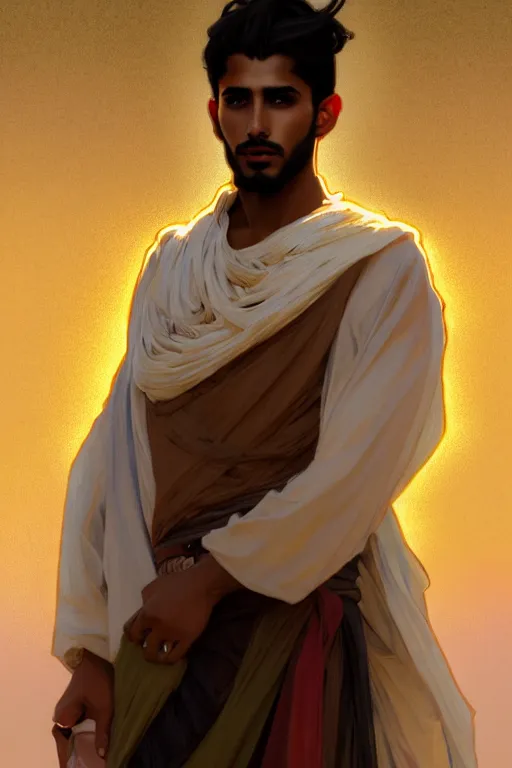 Prompt: full figure beautiful young fit arabic man with dark skin, dressed with multicolored fluent clothes, luminous scene, by greg rutkowski and alphonse mucha, d & d character, gradient white to gold, in front of a dune desert background, highly detailed portrait, digital painting, artstation, concept art, smooth, sharp focus illustration, artstation hq