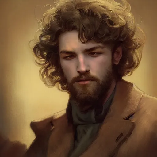 Image similar to Lucius with closed eyes smiling, very detailed sharp angular masculine face, hooked nose and square jaw long fluffy curly blond hair, light blond hair, gorgeous, beautiful, intricate, highly detailed, digital painting, artstation, concept art, sharp focus, illustration, art by greg rutkowski and alphonse mucha