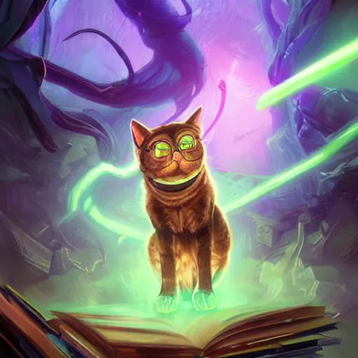 Image similar to a stylized portrait of a powerful cat with wavy brown hair and green eyes as an angry scientist, stylized, arcane magic, blue and purple vapor, neon color, vivid color, lens flare, volumetric light from below, background by justin gerard, hyperdetailed concept art by Ross Tran and Greg Rutkowski, high quality DnD illustration, trending on ArtStationHQ, 8k