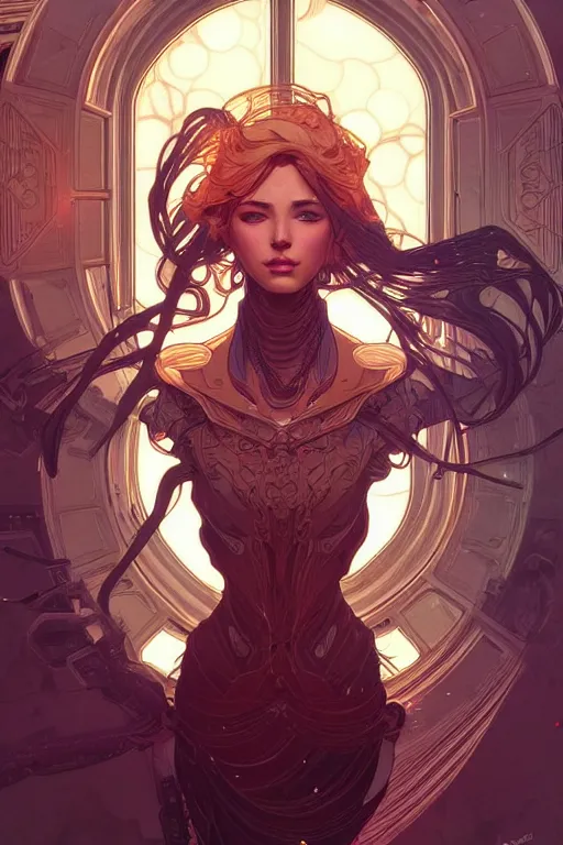 Image similar to beautiful female android!, half portrait, background explosion, intricate detailed environment, cell shaded, floro details, intricate, elegant, highly detailed, digital painting, artstation, concept art, smooth, sharp focus, illustration, art by artgerm and greg rutkowski and alphonse mucha, laurie greasley