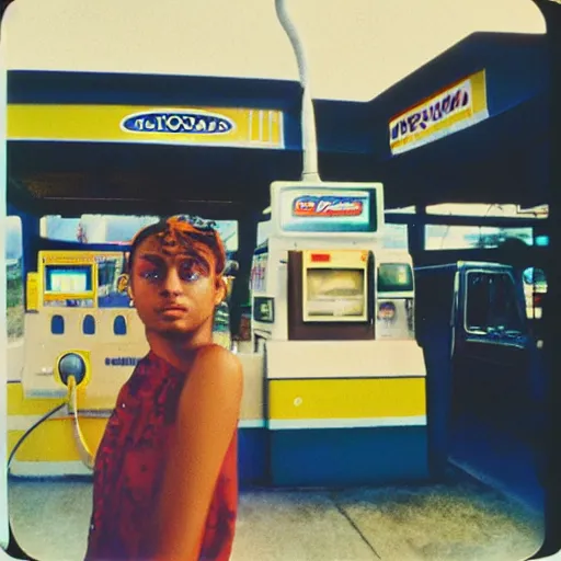 Image similar to Ashoka at a gas station, 90s polaroid, by Saul Leiter, Jamel Shabazz, Nan Goldin