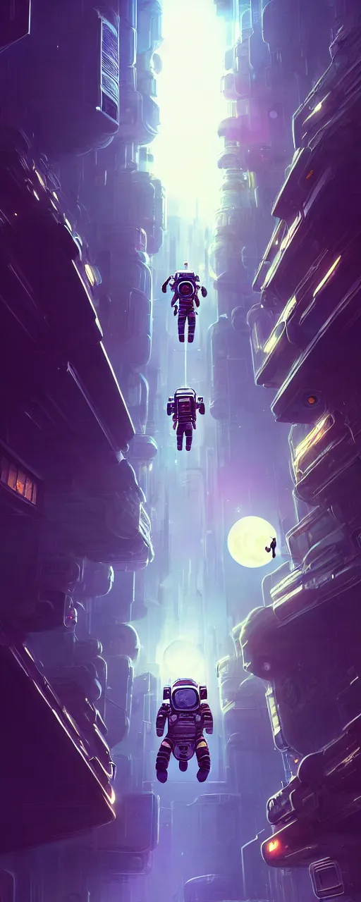 Image similar to A picture of an astronaut floating upside down close to the camera in a cyberpunk surreal city with a full moon by Jordan Grimmer, Jean Giraud and Neil Blevins trending on artstation